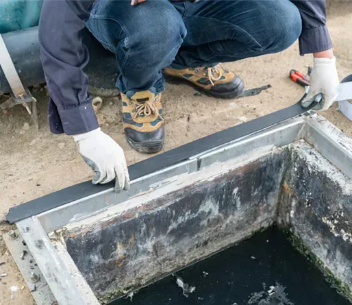 A person wearing work gloves applies a strip of black adhesive material along the edge of a rectangular metal drain.