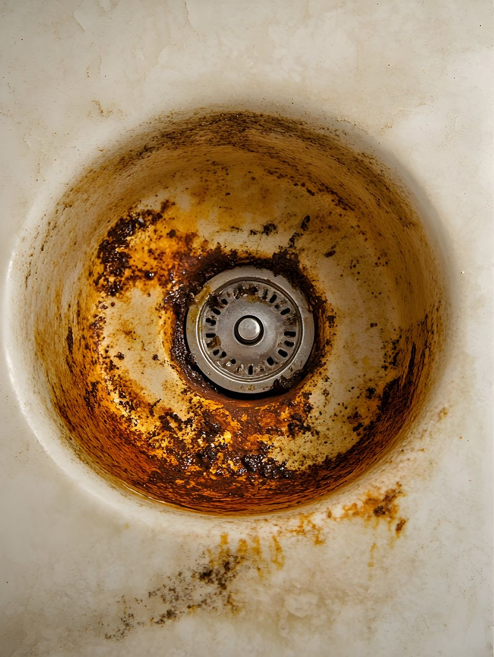 A close-up view of a bathroom sink drain covered in orange and brown rust stains and grime.