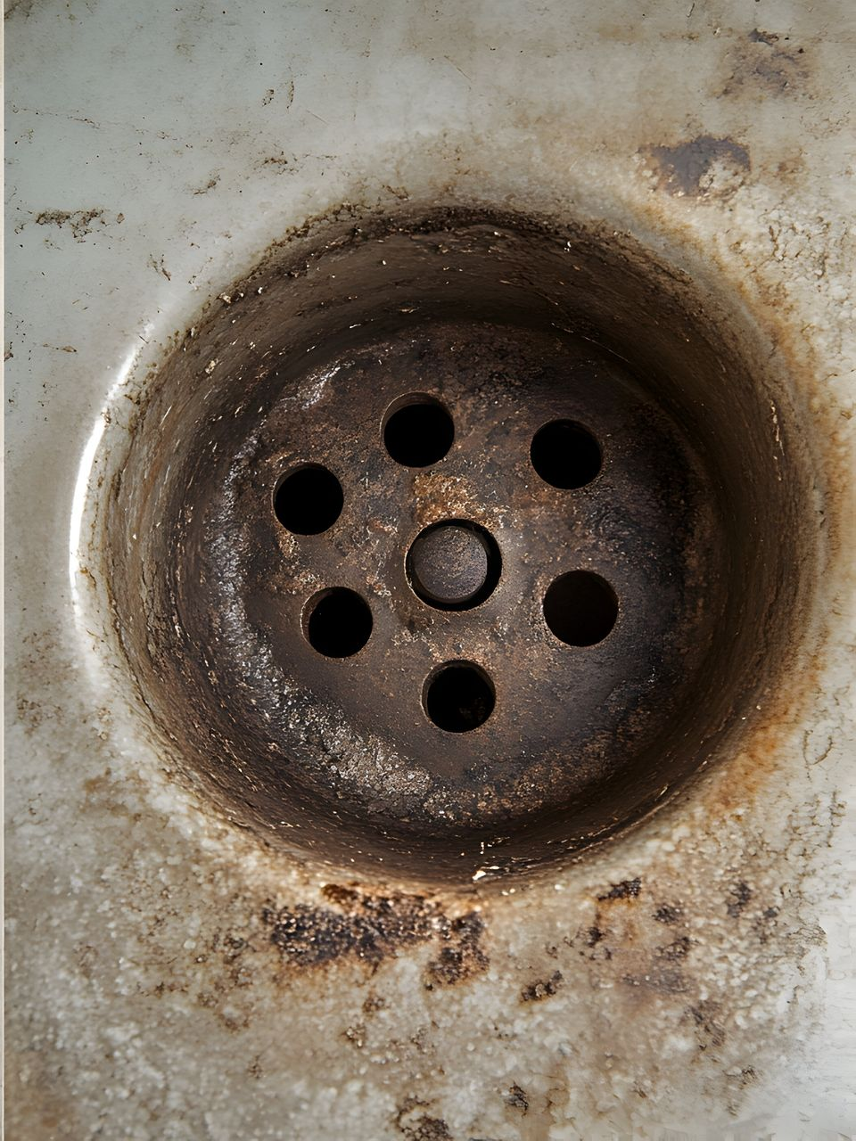 A top-down view of a stained, circular metal sink drain with five holes and a center post, surrounded by grimy basin.