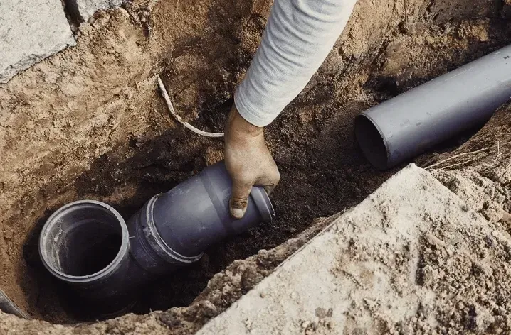 A hand placing a gray PVC pipe connector into a trench in the dirt during plumbing installation.