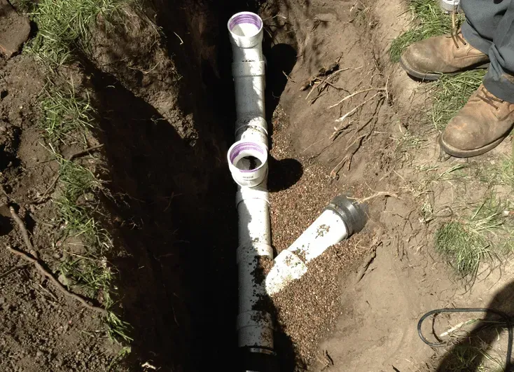 White PVC sewer pipe fittings and Y-joints installed in a narrow, dirt-filled ground trench.