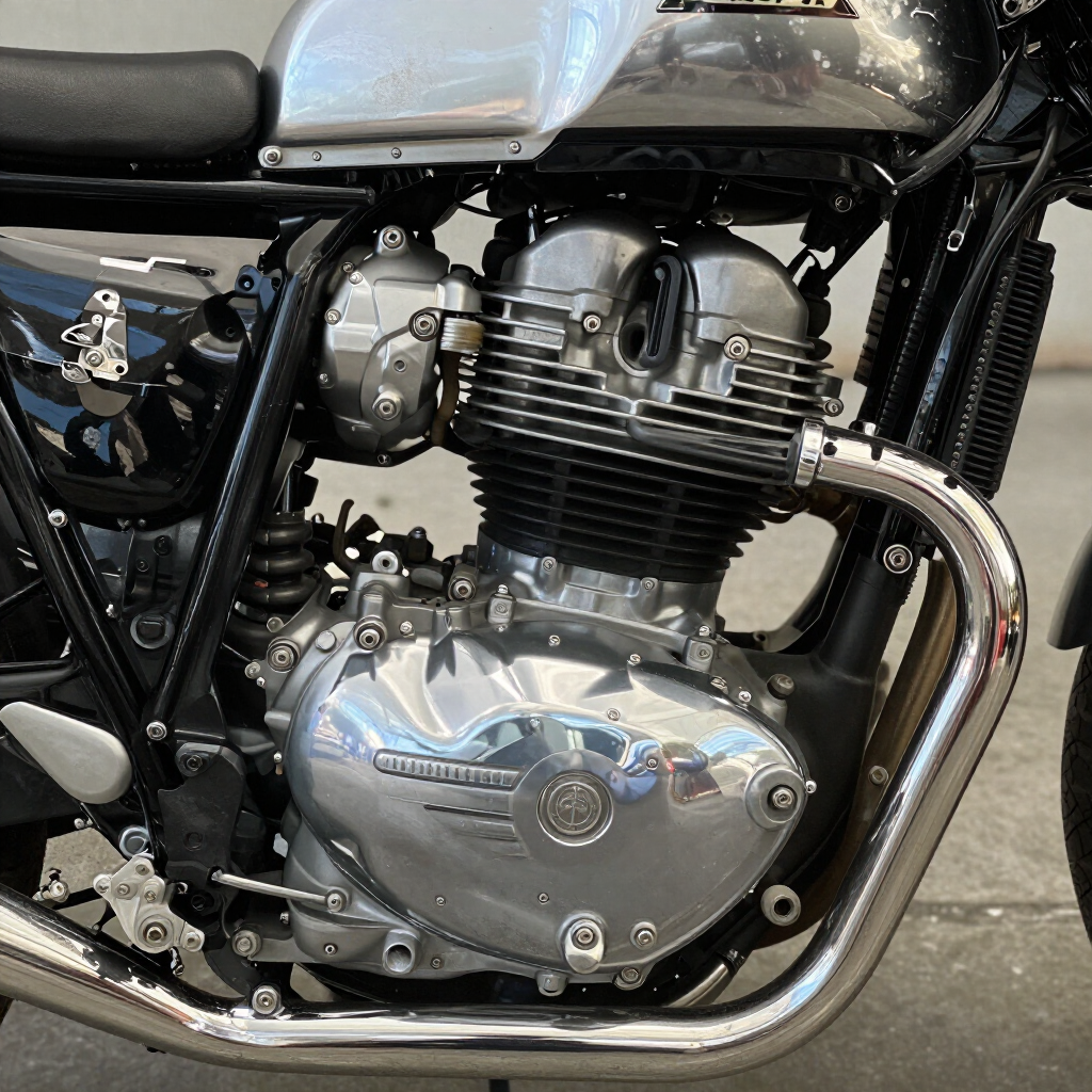 Close-up de um motor e escapamento de motocicleta cromados e brilhantes em um quadro de moto preto.