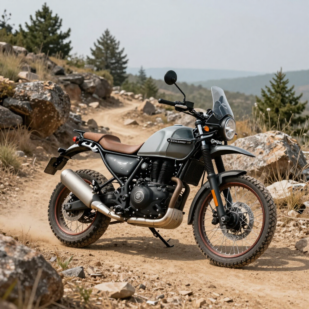 Motocicleta de aventura preta em uma trilha de terra rochosa em uma paisagem montanhosa e florestada.