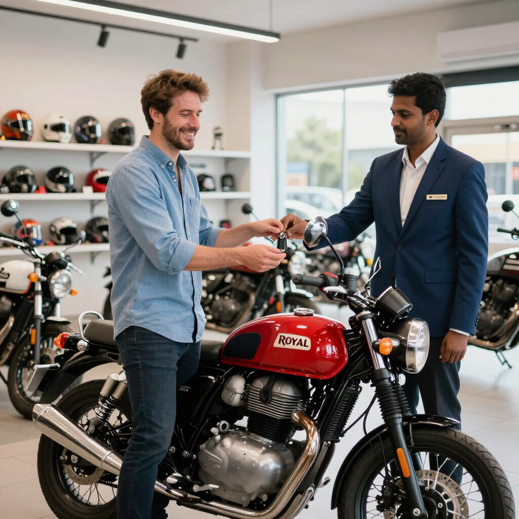 Dois homens examinando uma motocicleta Royal Enfield vermelha em um showroom.