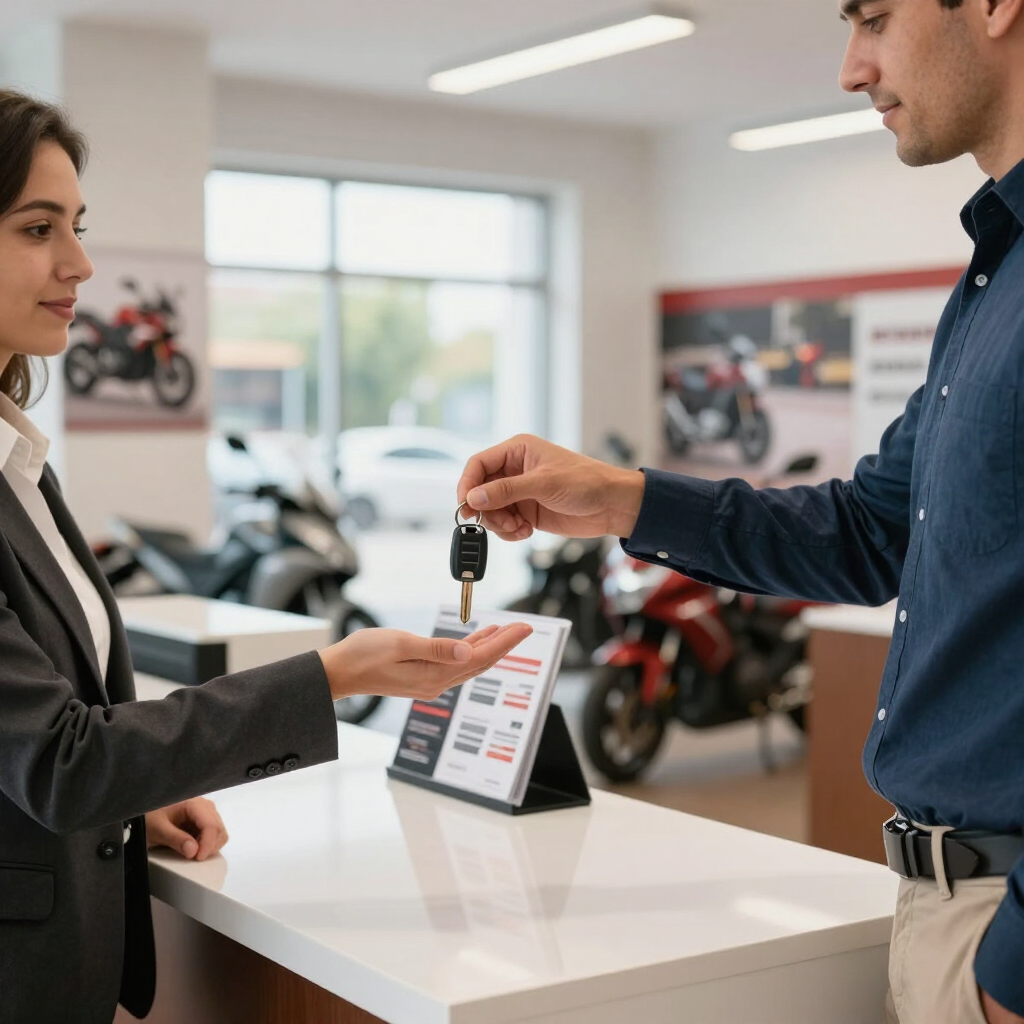 Vendedor de carros entregando a chave do carro ao cliente no balcão da concessionária.