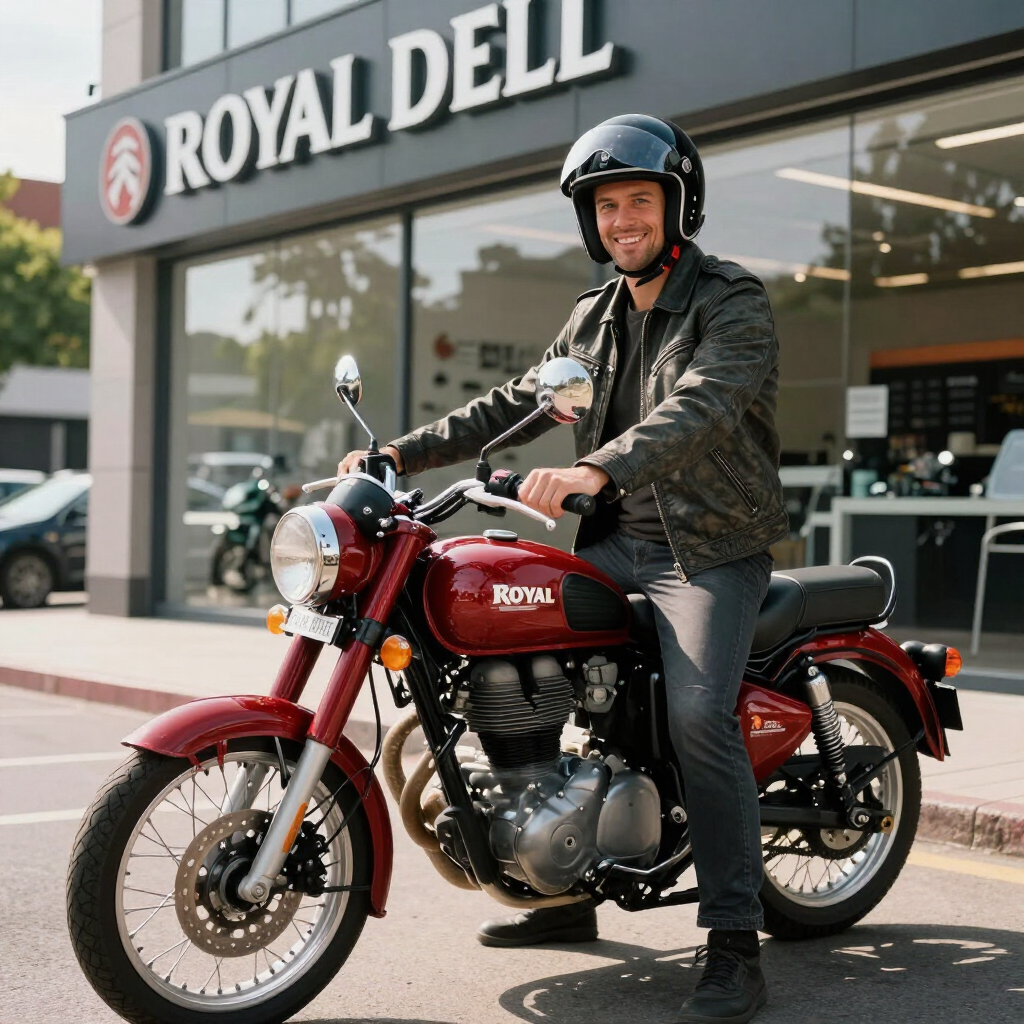 Homem em uma motocicleta Royal Enfield vermelha em frente a uma concessionária Royal Enfield, sorrindo e usando capacete.