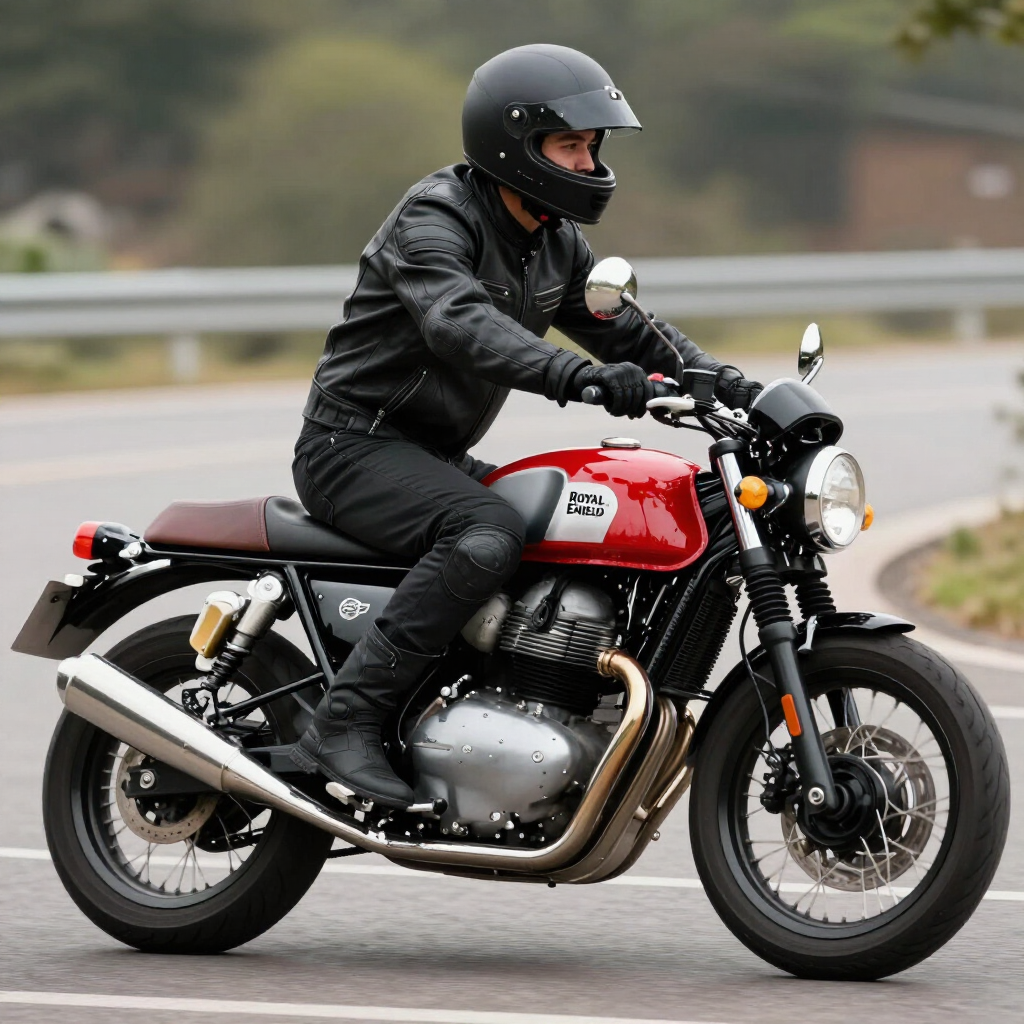 Motociclista com roupa preta pilotando uma motocicleta vermelha e prata em uma estrada molhada.