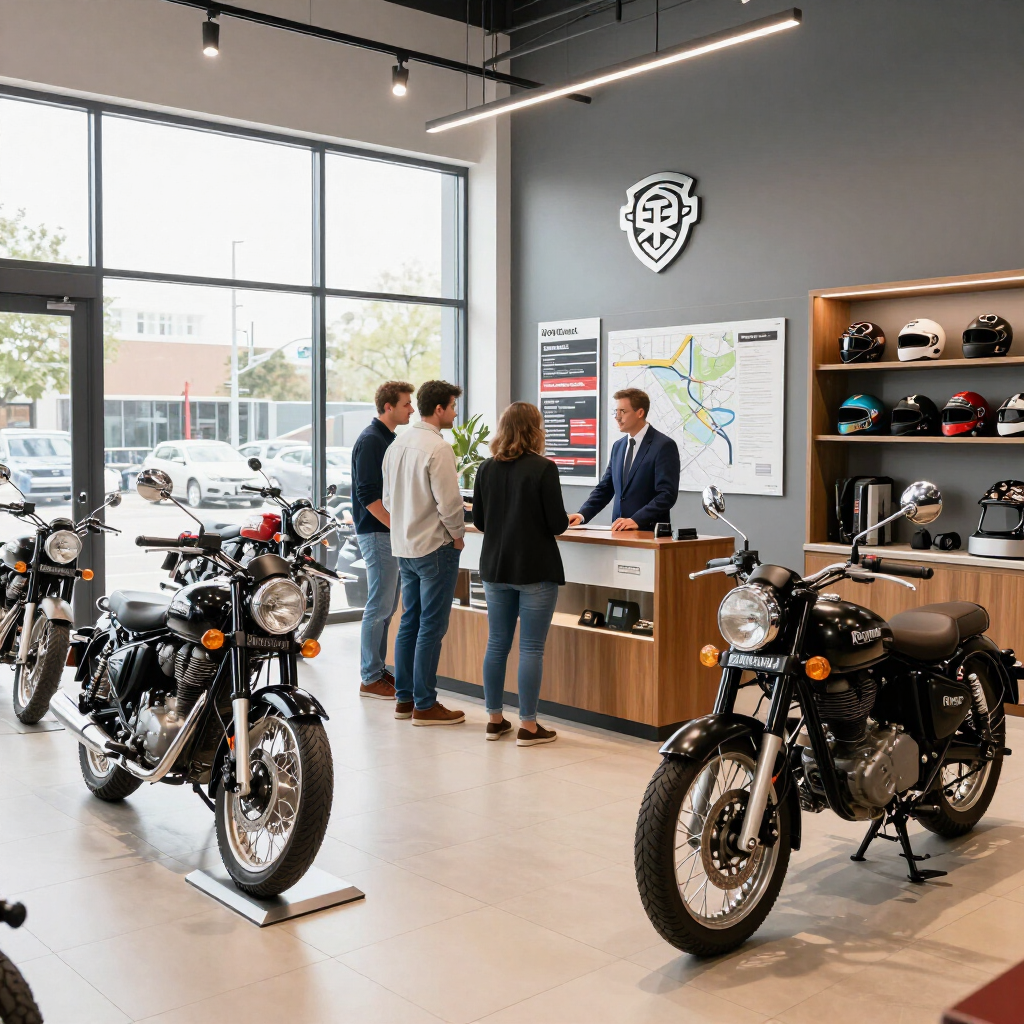 Showroom de motocicletas com clientes conversando com um vendedor ao lado de motos e capacetes em exposição.