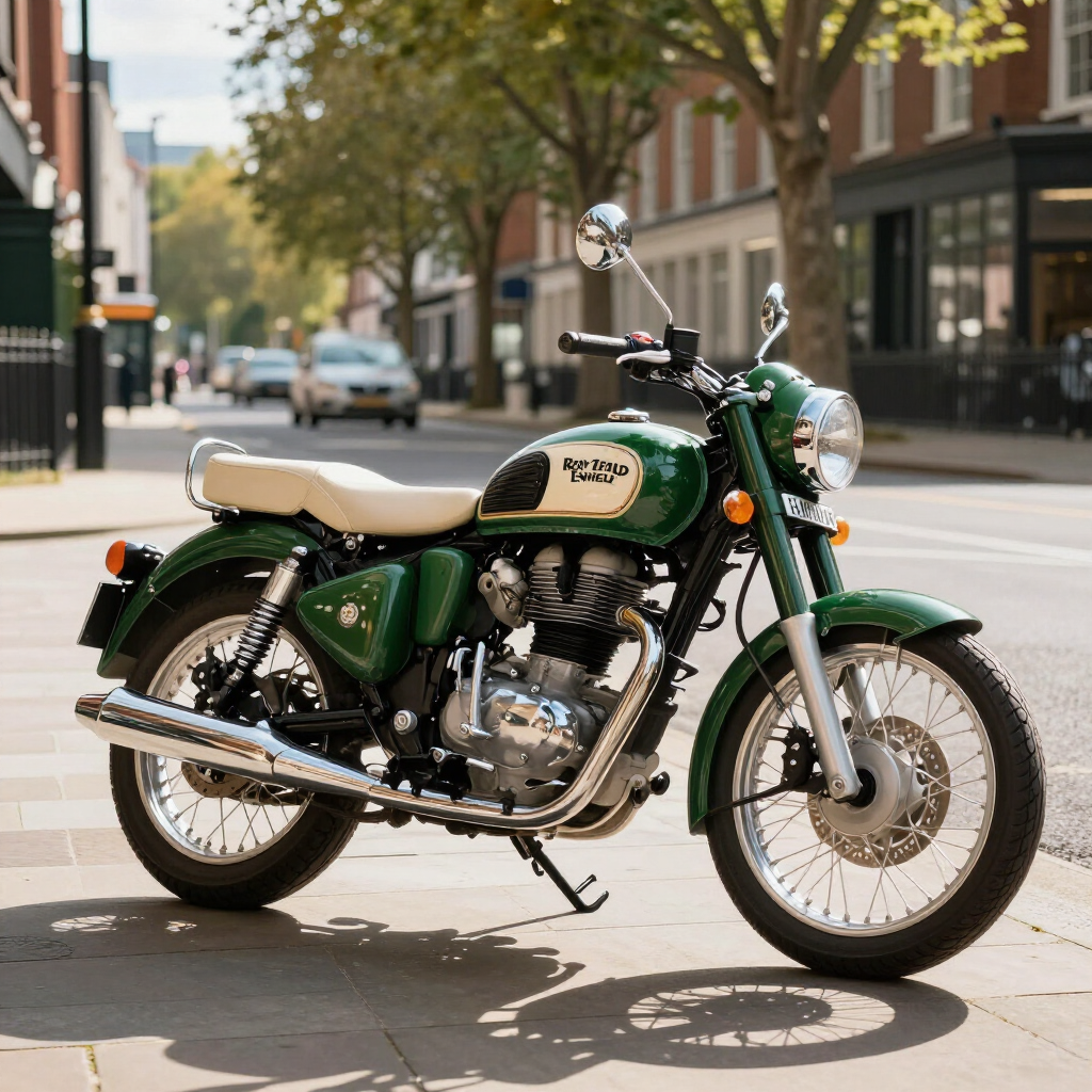 Motocicleta vintage verde e creme estacionada em uma calçada ensolarada da cidade.