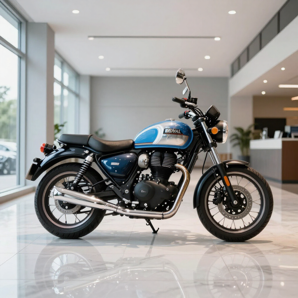 Motocicleta azul e preta estacionada em um showroom moderno e iluminado com grandes janelas.