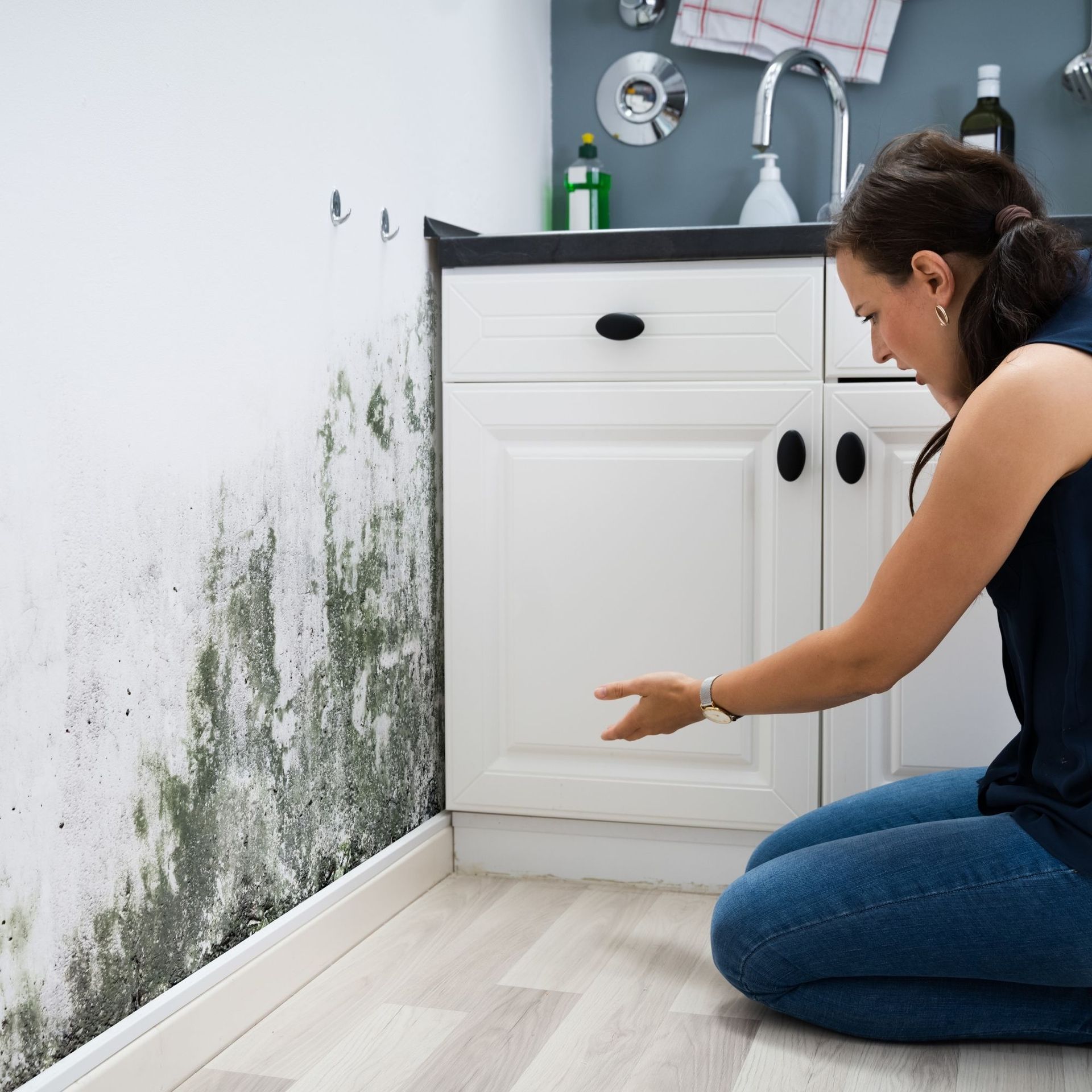 Mold Remediation Inc - A woman is kneeling down in front of a mouldy wall