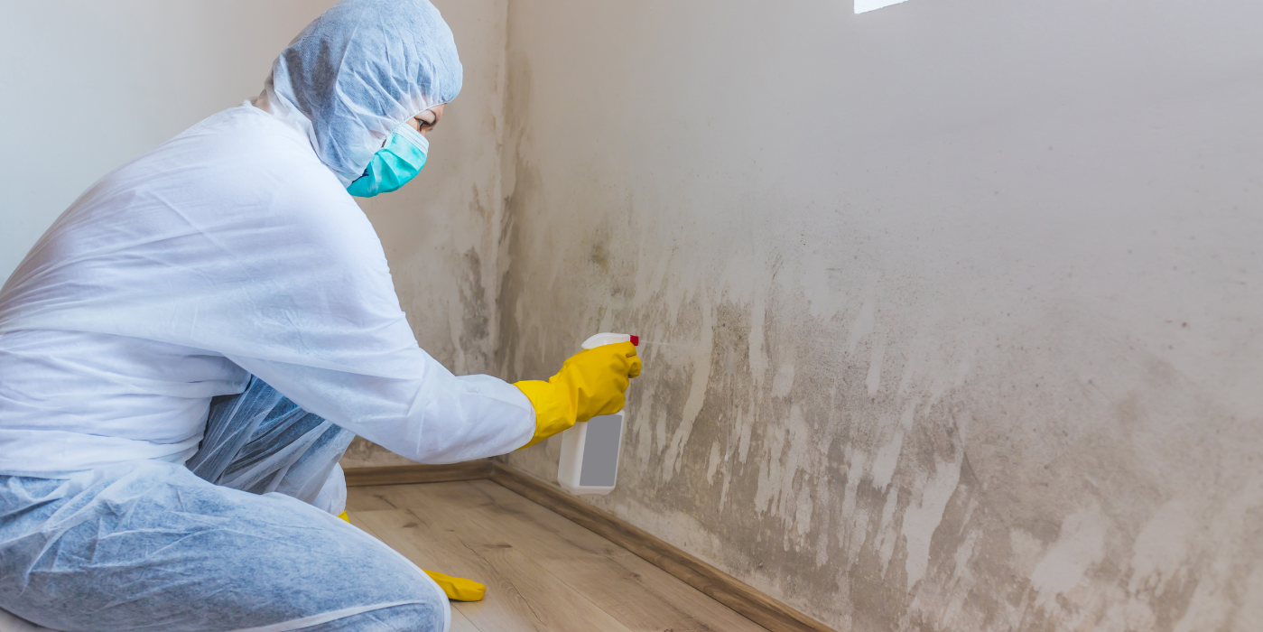 Mold Remediation Inc - A person in a protective suit is cleaning a wall with a spray bottle.