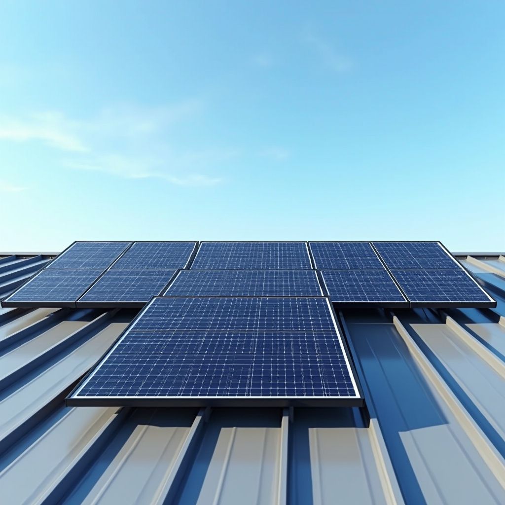 Solar panels installed on a metal roof against a blue sky.