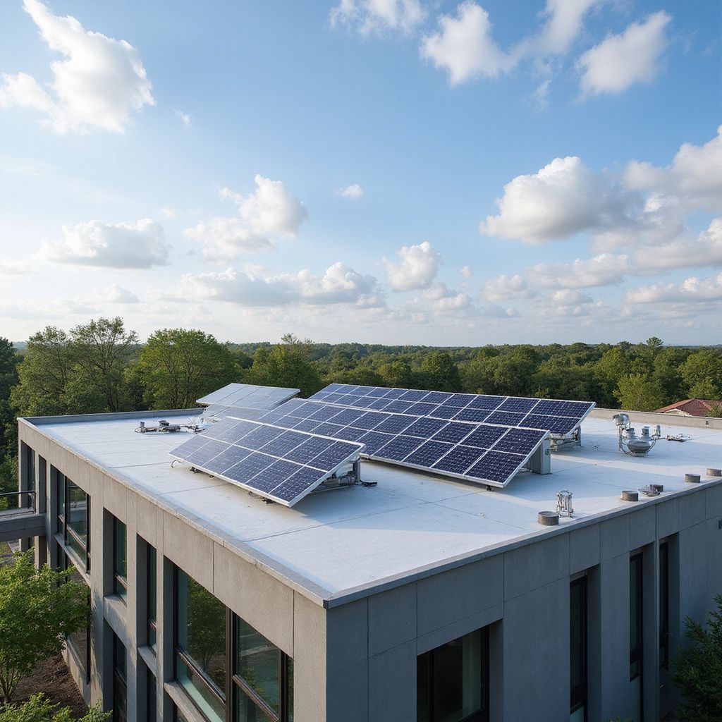 Solar panels on a flat roof, blue sky with clouds in the background, surrounded by trees.