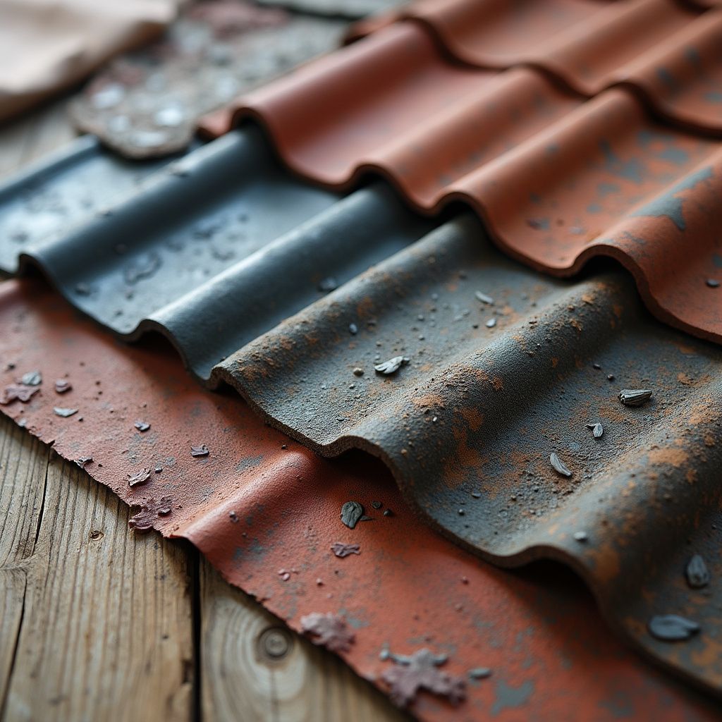 Close-up of weathered terracotta and gray roof tiles on wooden surface.