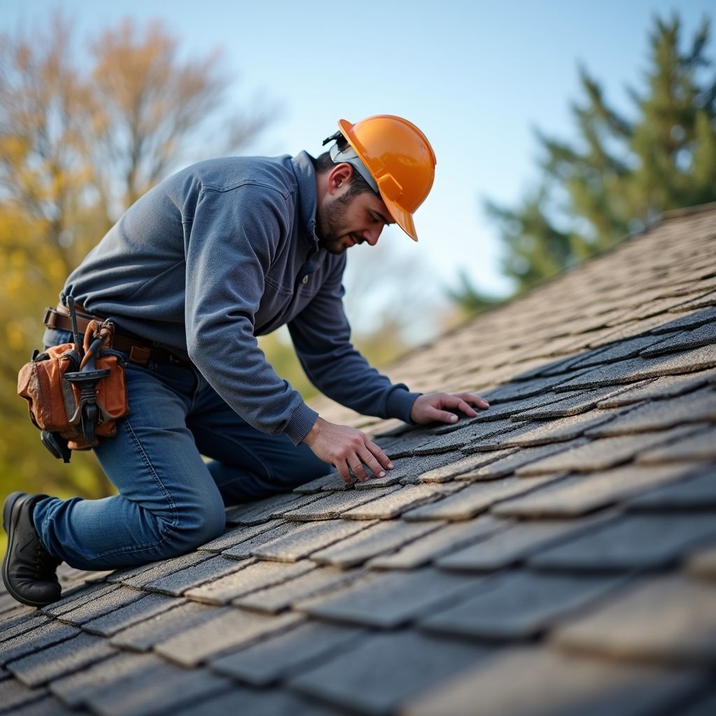 Roofer in orange hard hat examines shingles on a roof. Outdoors, sunny day.