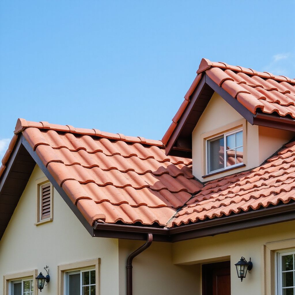 Beige house with a clay tile roof and a clear blue sky.