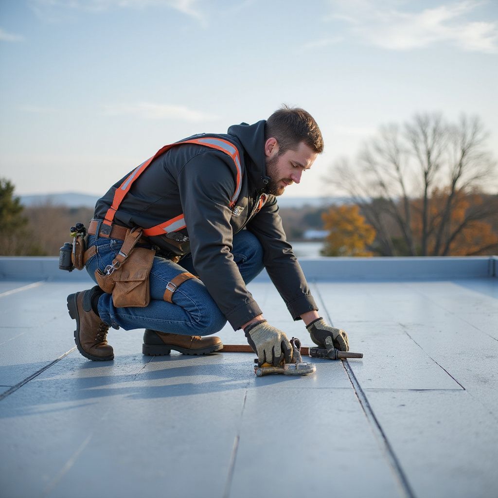 Roofer kneeling, using tool on flat, gray roof. Wearing safety harness, work gloves. Sunny day, trees in background.