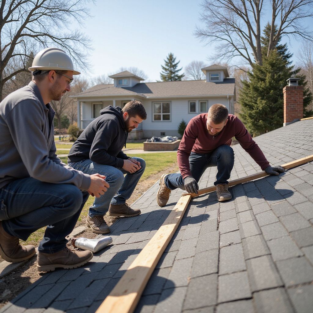 Three workers on a rooftop, installing wooden strips. One measures, others observe. Sunny, suburban setting.