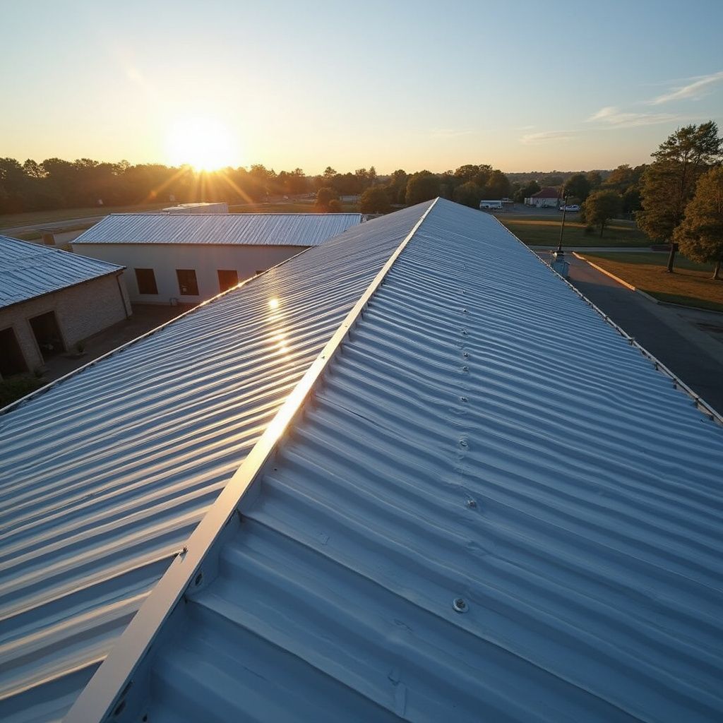 Metallic corrugated roof with sunlight reflection at sunset.