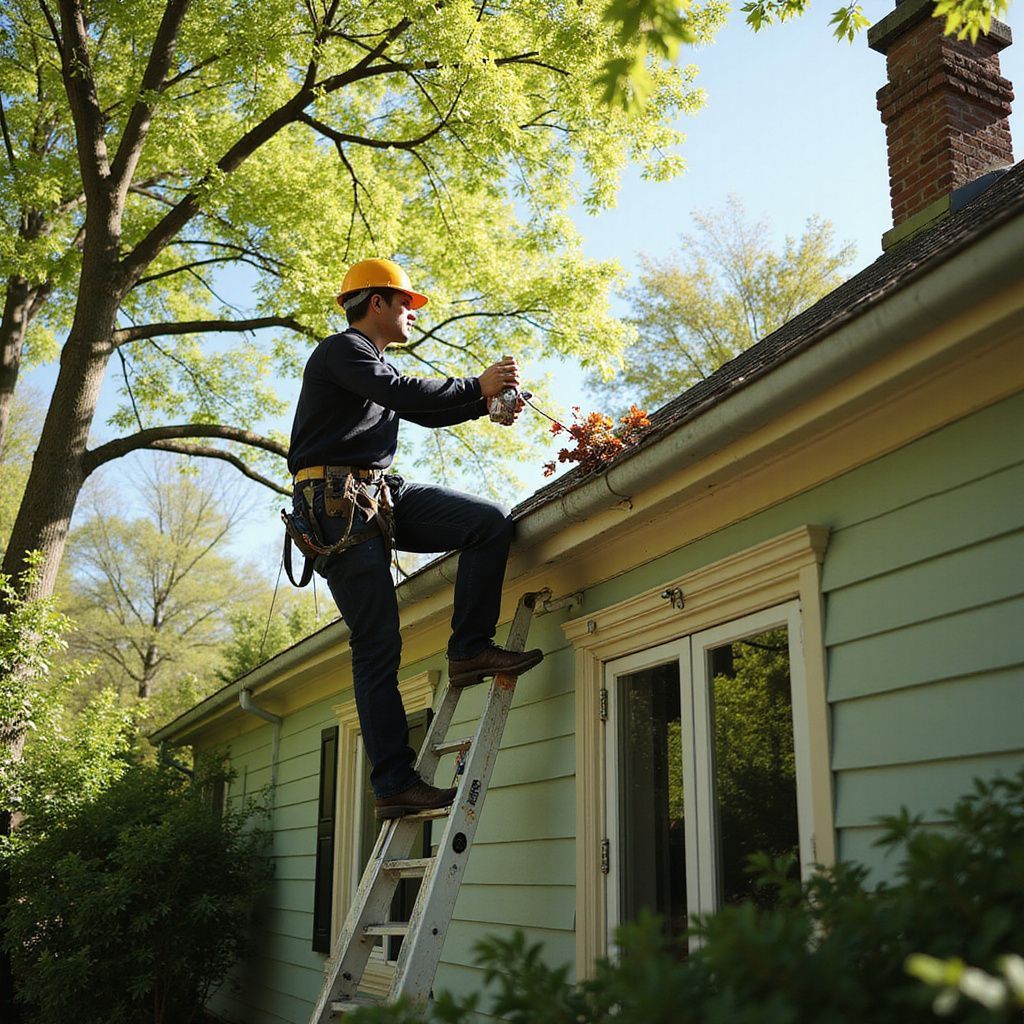 Man on ladder cleaning gutters, wearing a hard hat. Green house, sunny day, foliage in background.