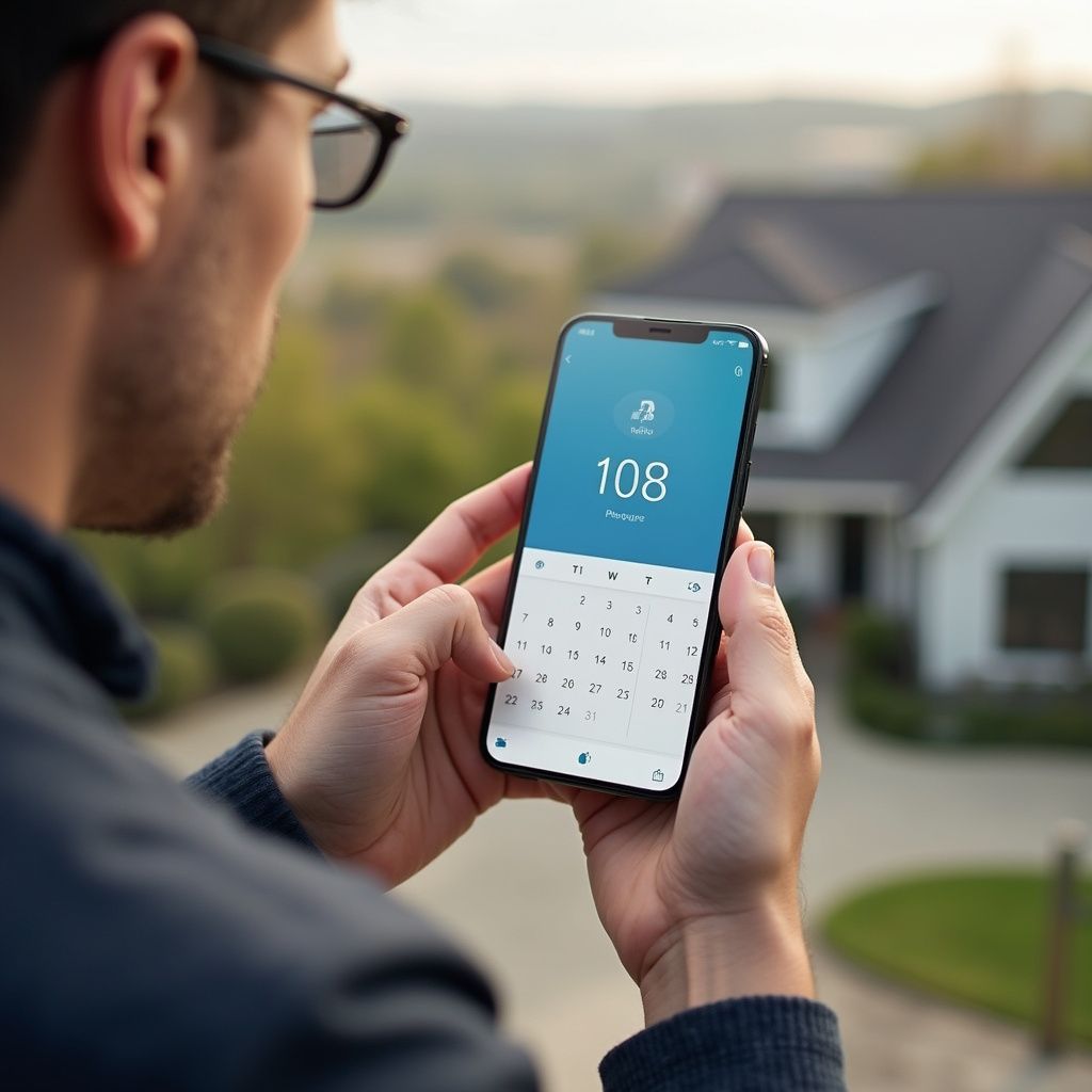 Man holding smartphone, looking at a digital interface with a house in the background.