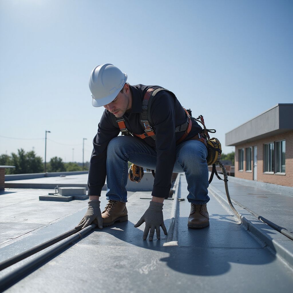 Roofer in hard hat and safety harness working on a flat roof under a blue sky.