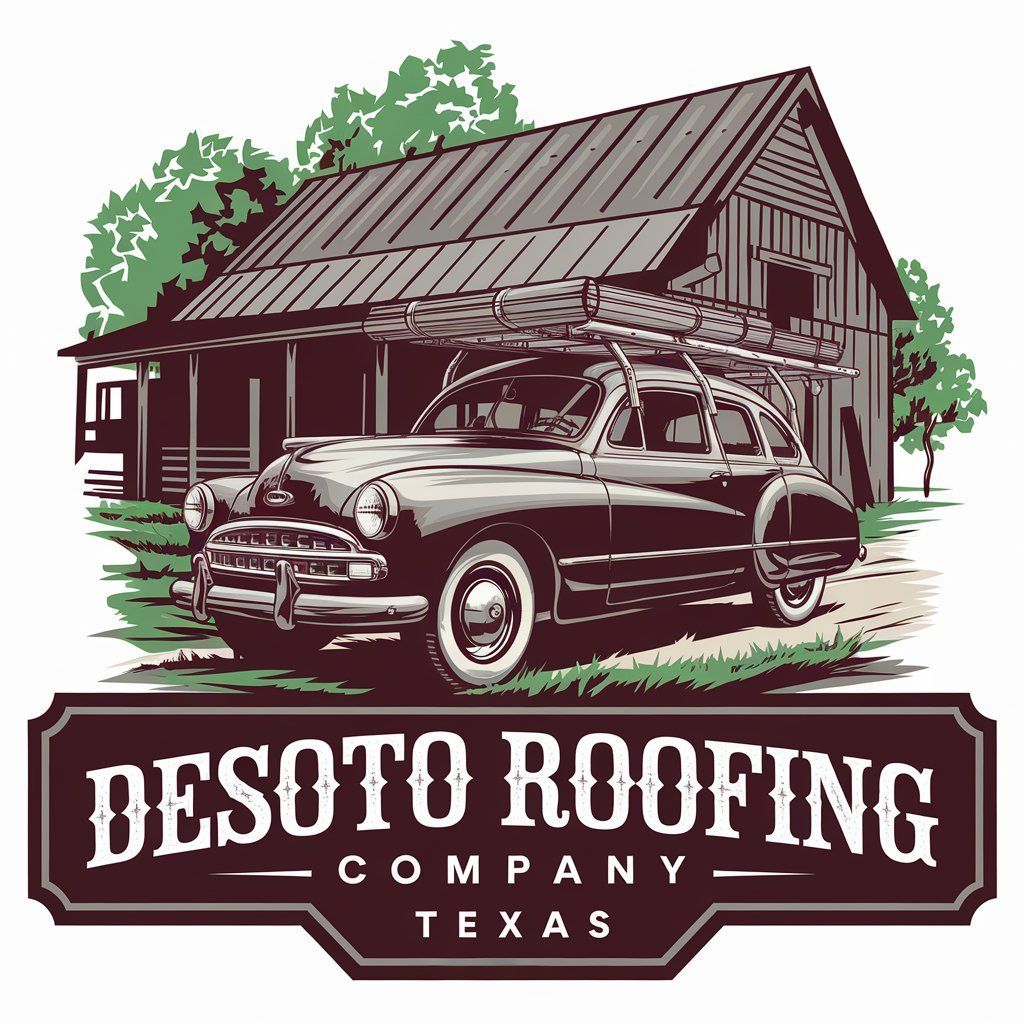 Desoto Roofing logo: vintage car with roofing materials, barn background, Texas.
