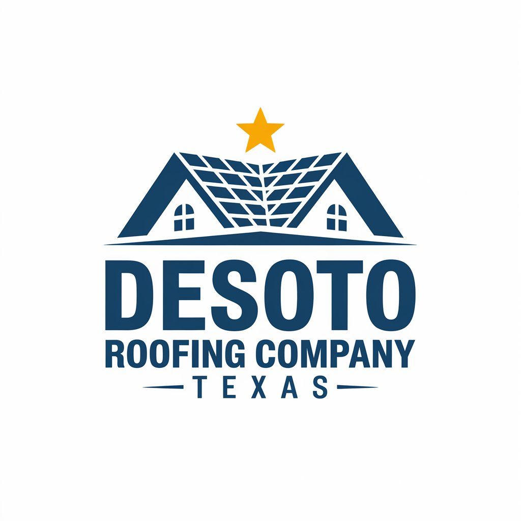 Logo for DeSoto Roofing Company, featuring a blue roof with a star and text 