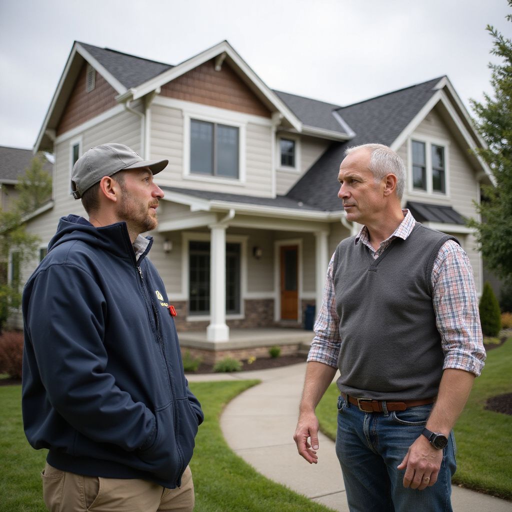 Two men talking in front of a two-story house. One in work clothes, the other in casual wear. Green lawn, overcast sky.