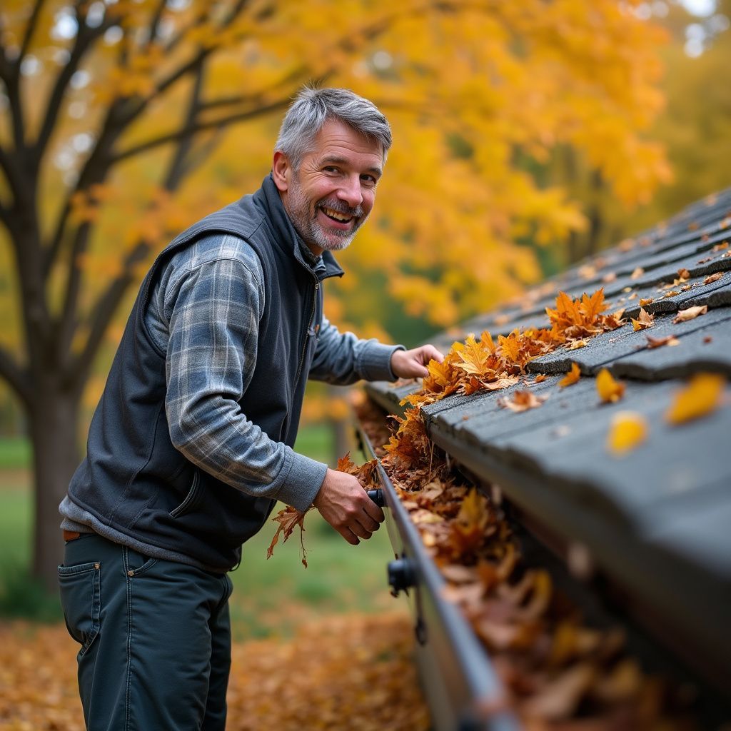 Man cleaning leaves from a gutter. He's wearing a vest and smiling near a house with fall foliage.
