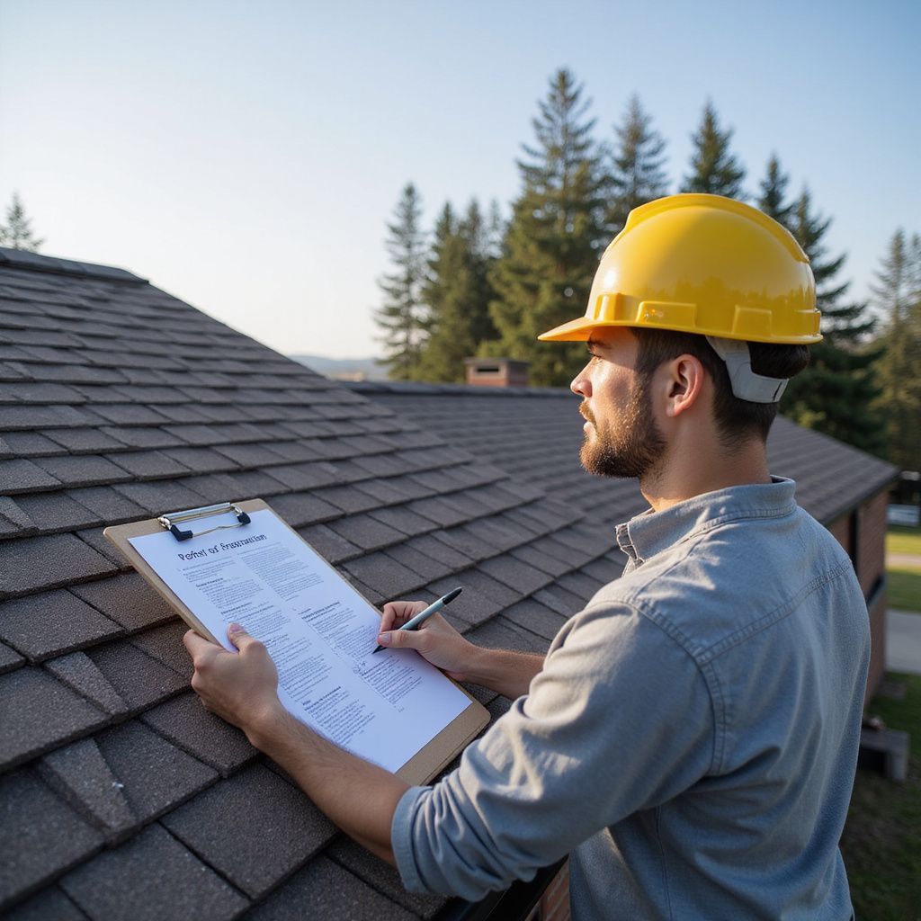 Person in hard hat inspecting a roof, writing on a clipboard outdoors.