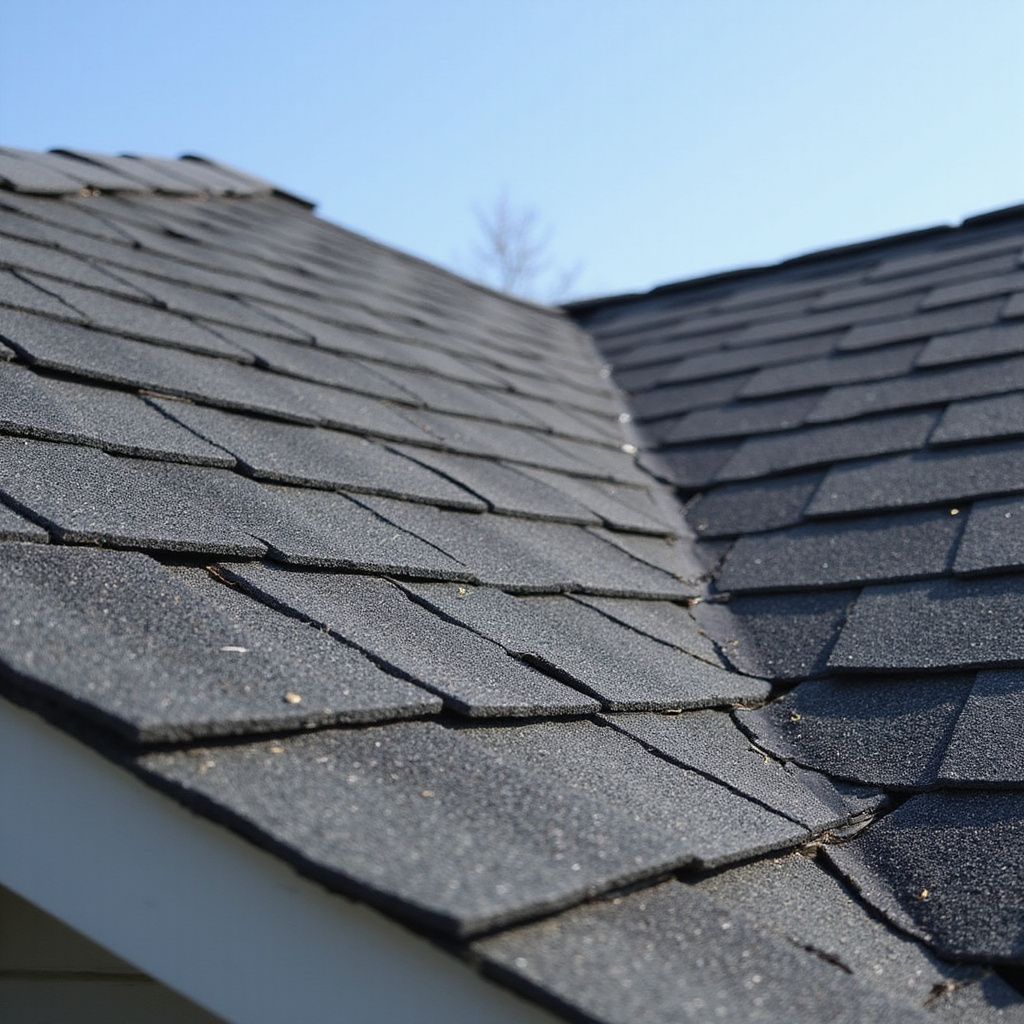 Black asphalt shingle roof, close-up, against a clear blue sky.
