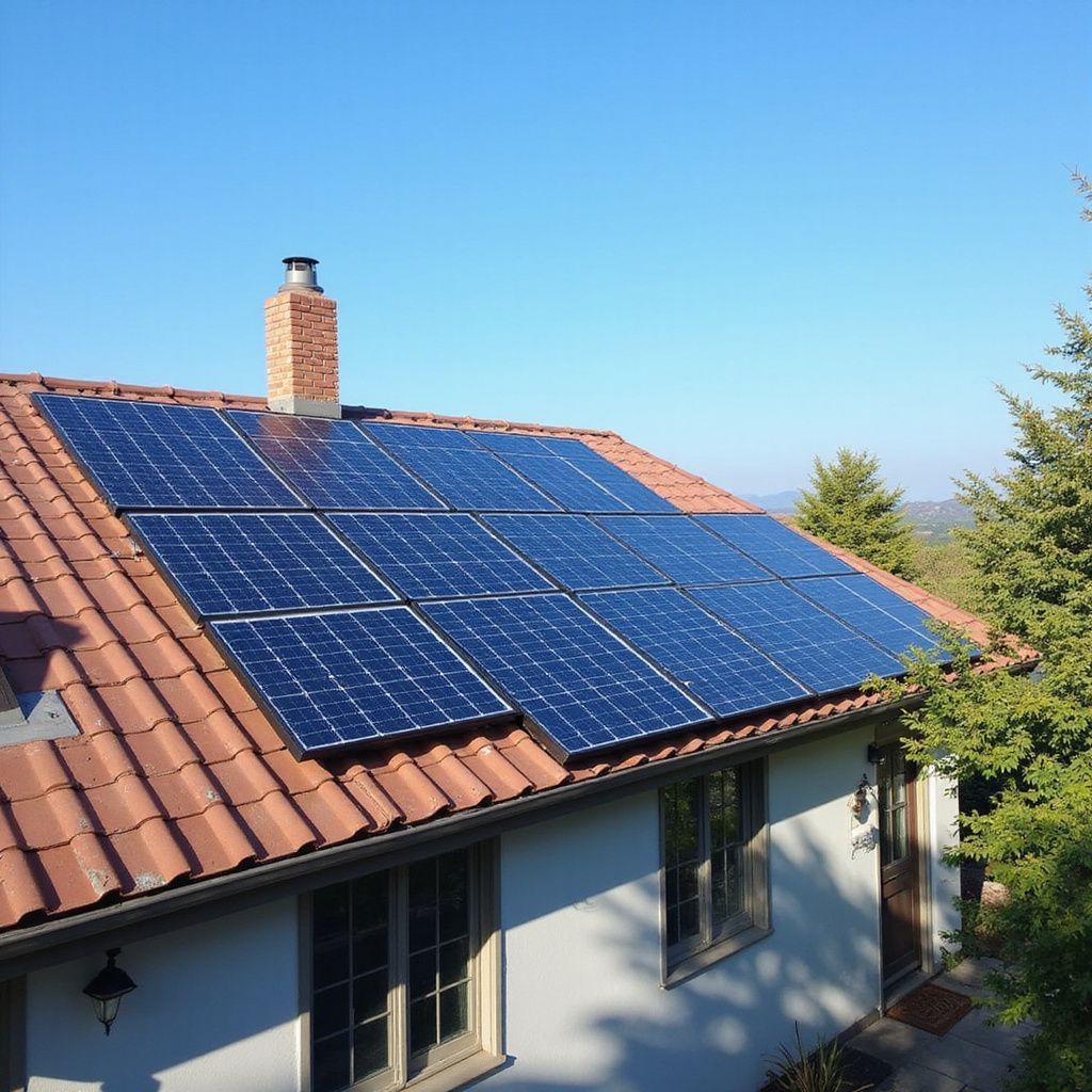 Solar panels installed on a red-tiled roof of a house under a clear, blue sky.