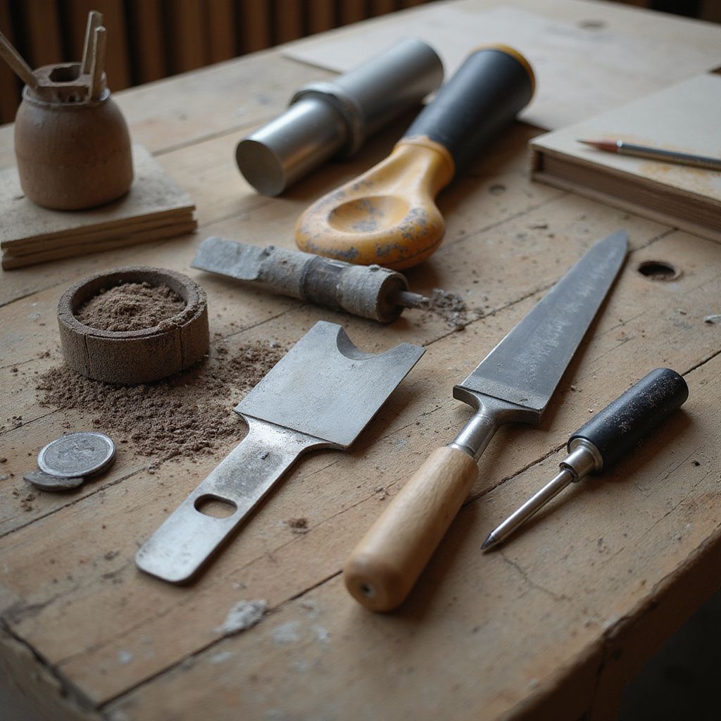 Woodworking tools arranged on a wooden table, including chisels, a knife, and a pencil.