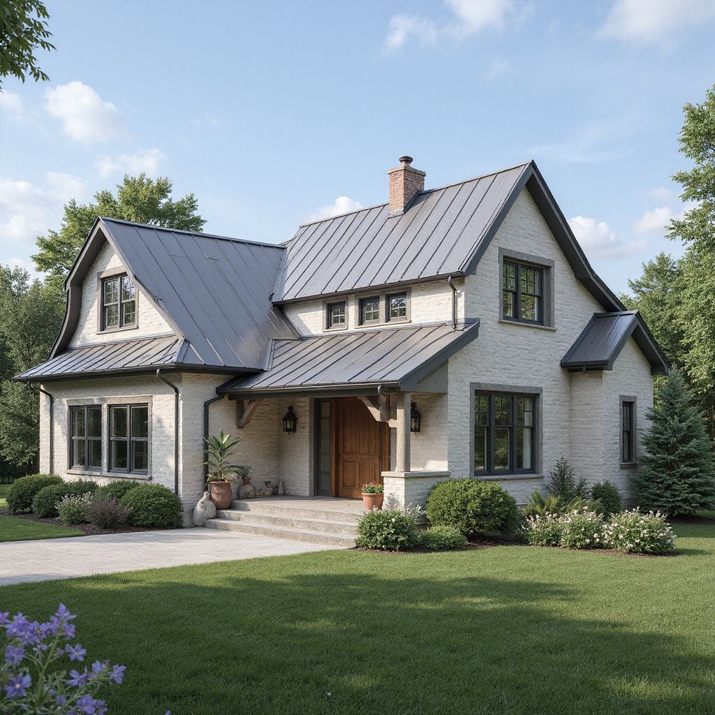 Two-story brick house with a dark metal roof, surrounded by a lawn and trees, under a blue sky.
