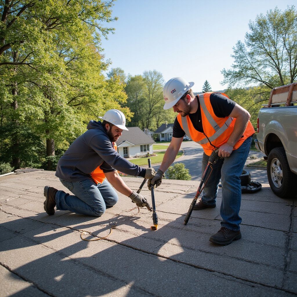 Two workers in safety vests and hard hats on a rooftop, using tools, sunny day.