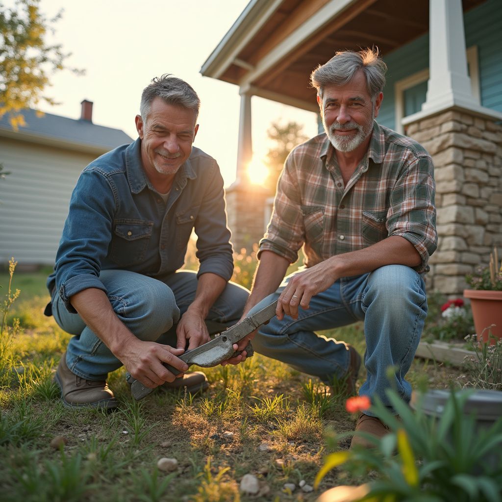 Two men inspecting a garden tool in front of a house at sunset.