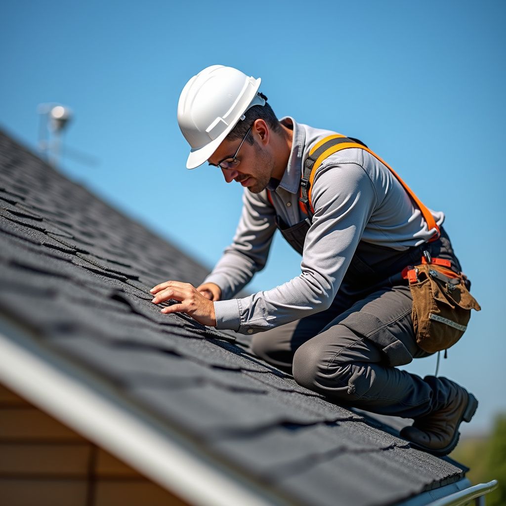 Roofer on a dark shingle roof, wearing a hard hat and safety harness, inspecting the shingles on a sunny day.