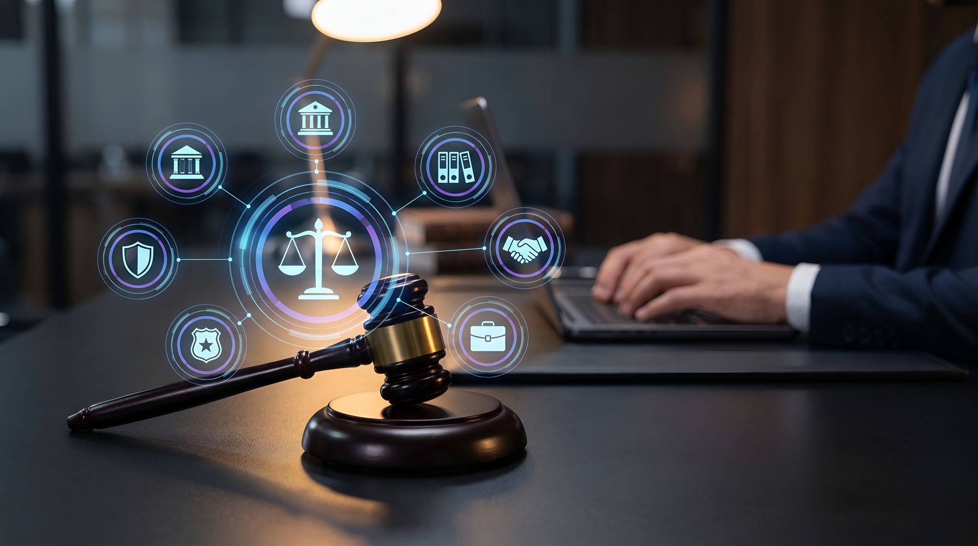 Gavel and scales of justice with legal icons on a desk beside a suited person typing on a laptop
