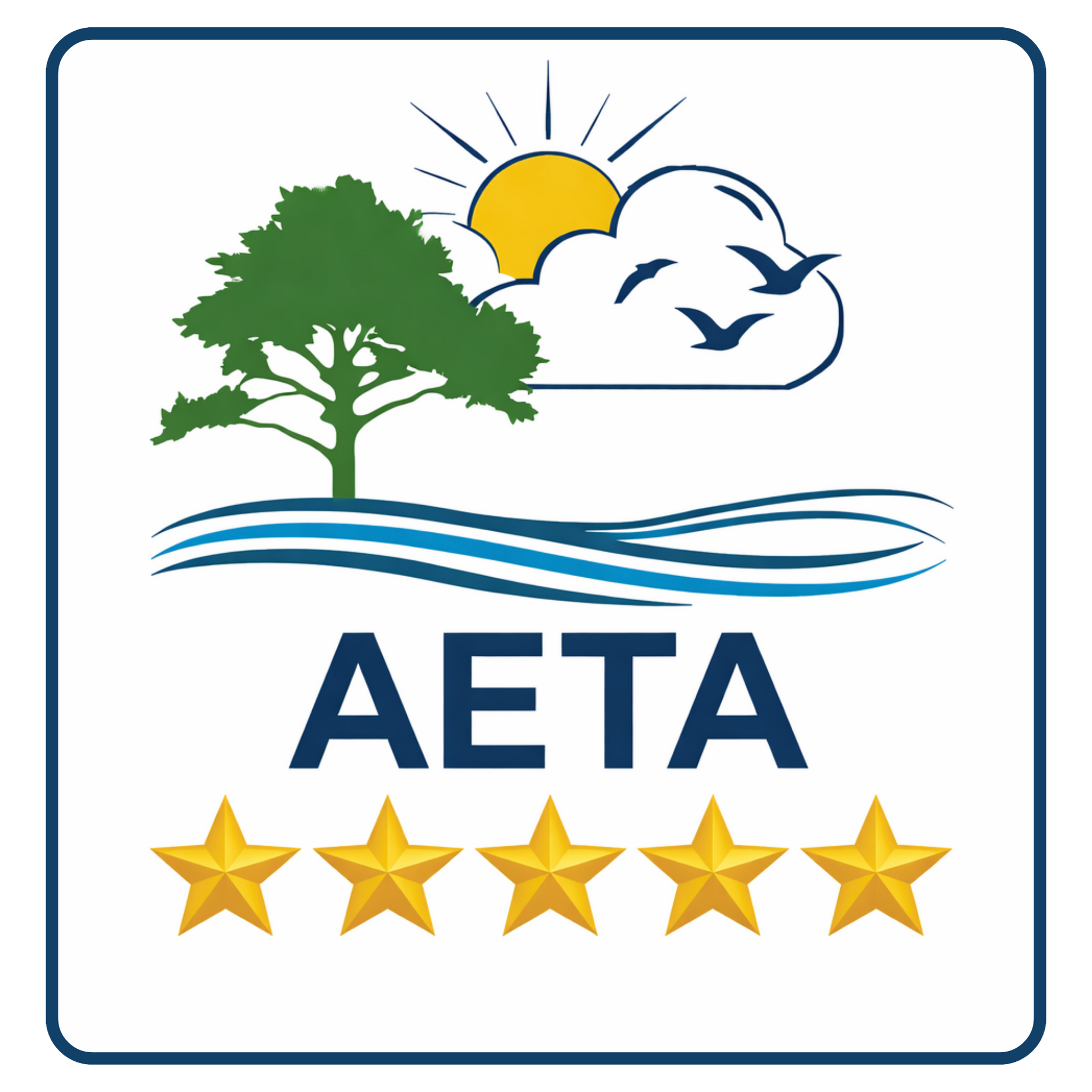 AETA logo with tree, sun, clouds, blue waves, and five gold stars on white background
