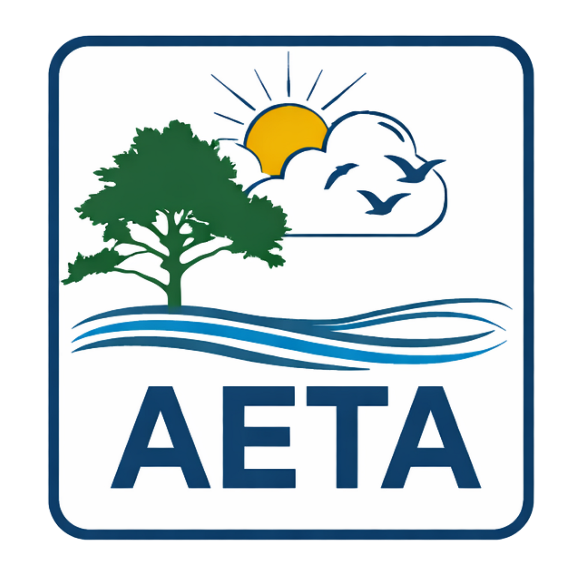 AETA logo with green tree, sun and birds above blue waves in a rounded square