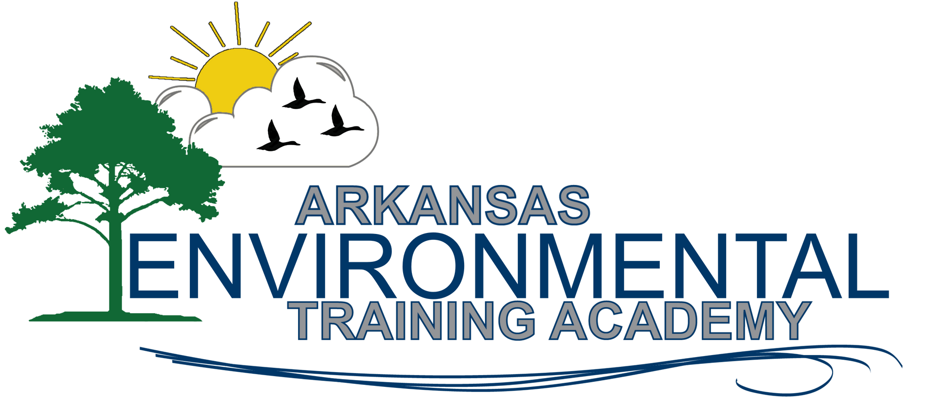 Arkansas Environmental Training Academy logo with tree, sun, birds, and blue text
