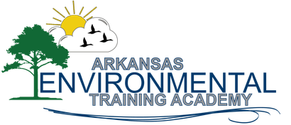 Arkansas Environmental Training Academy logo with tree, sun, birds, and blue text