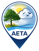 AETA logo in a blue location pin with tree, sun, cloud, and water scene