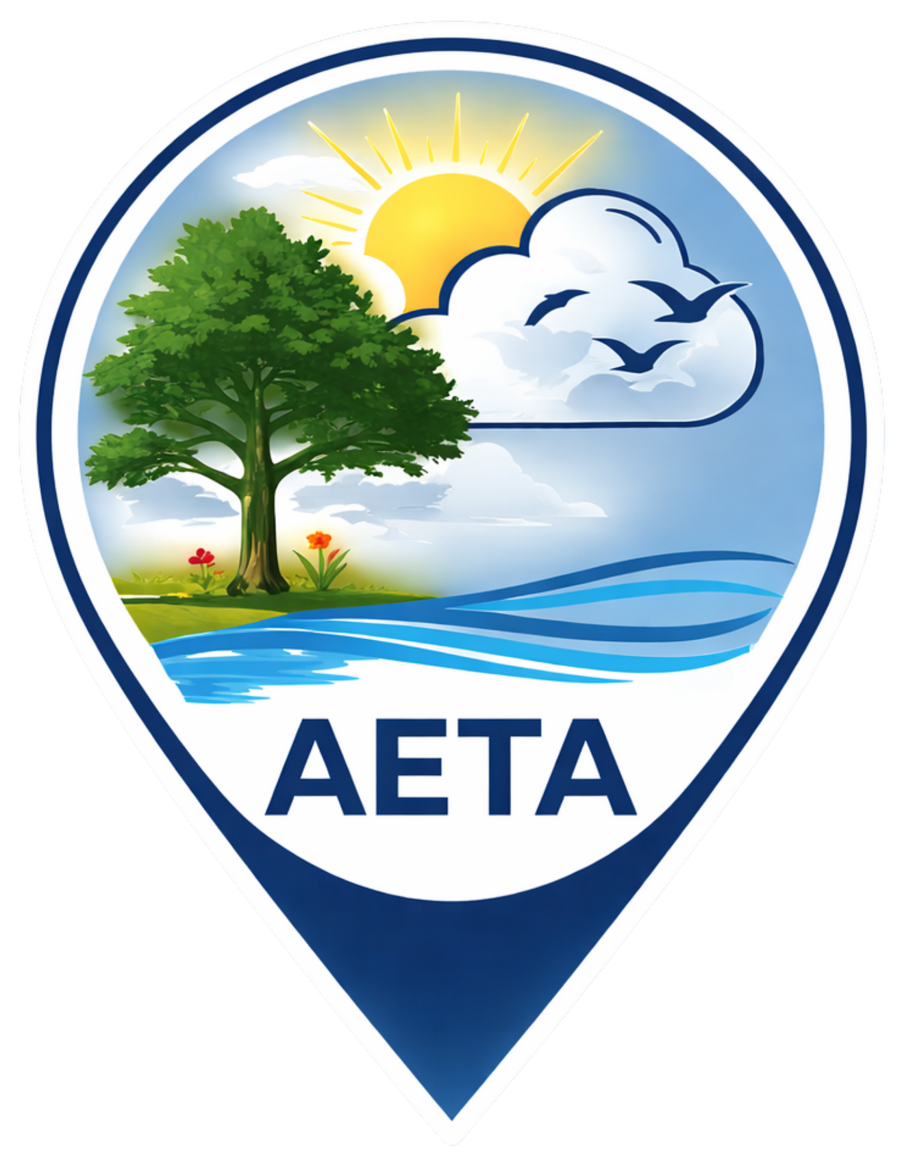 AETA logo with tree, sun, birds, blue waves, and five gold stars