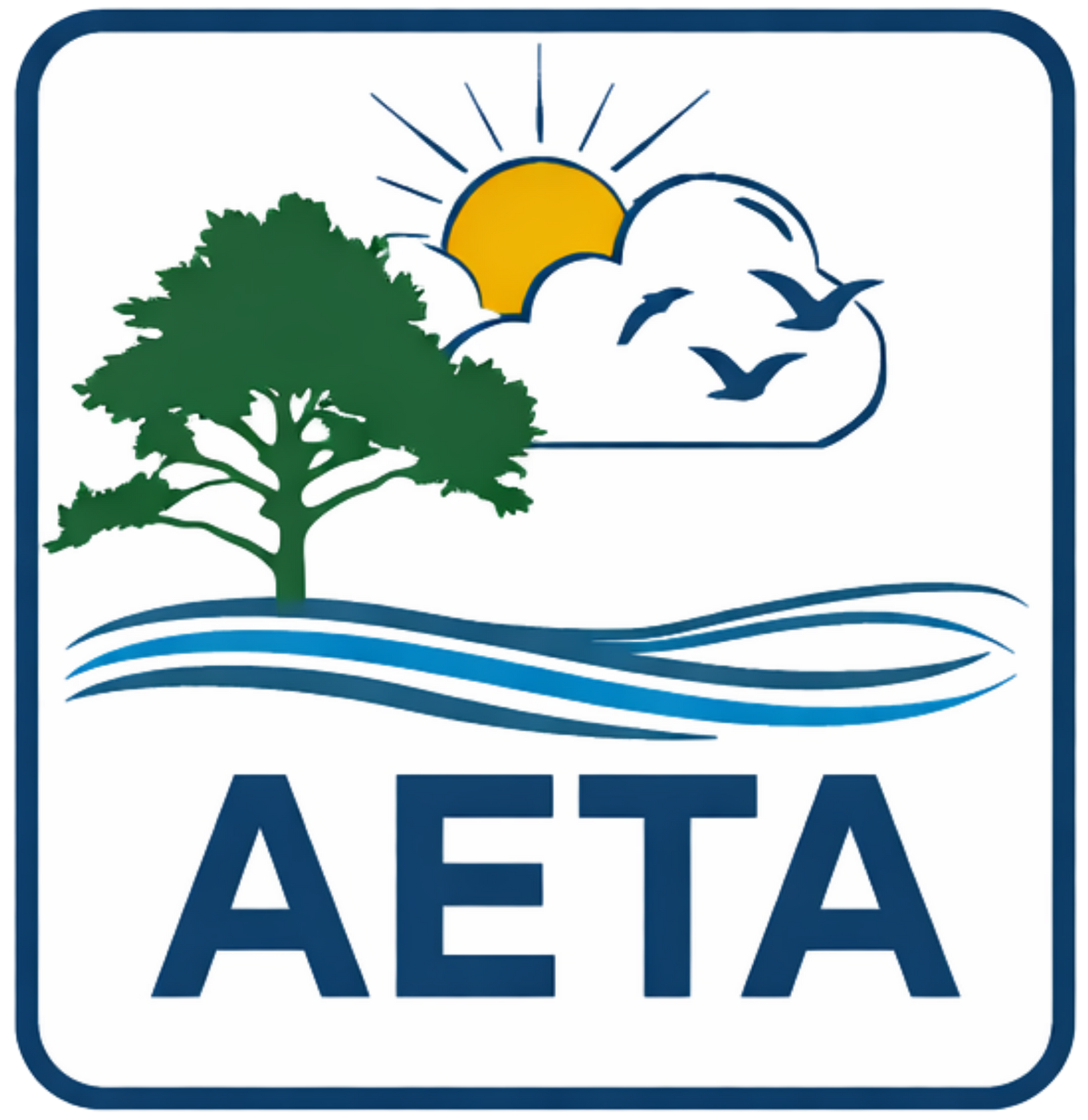 AETA logo with tree, sun, cloud, birds, and blue waves in a rounded square icon