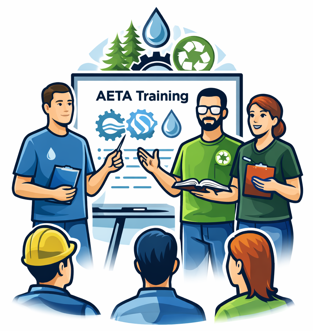 AETA training presentation with four people discussing sustainability icons on a whiteboard