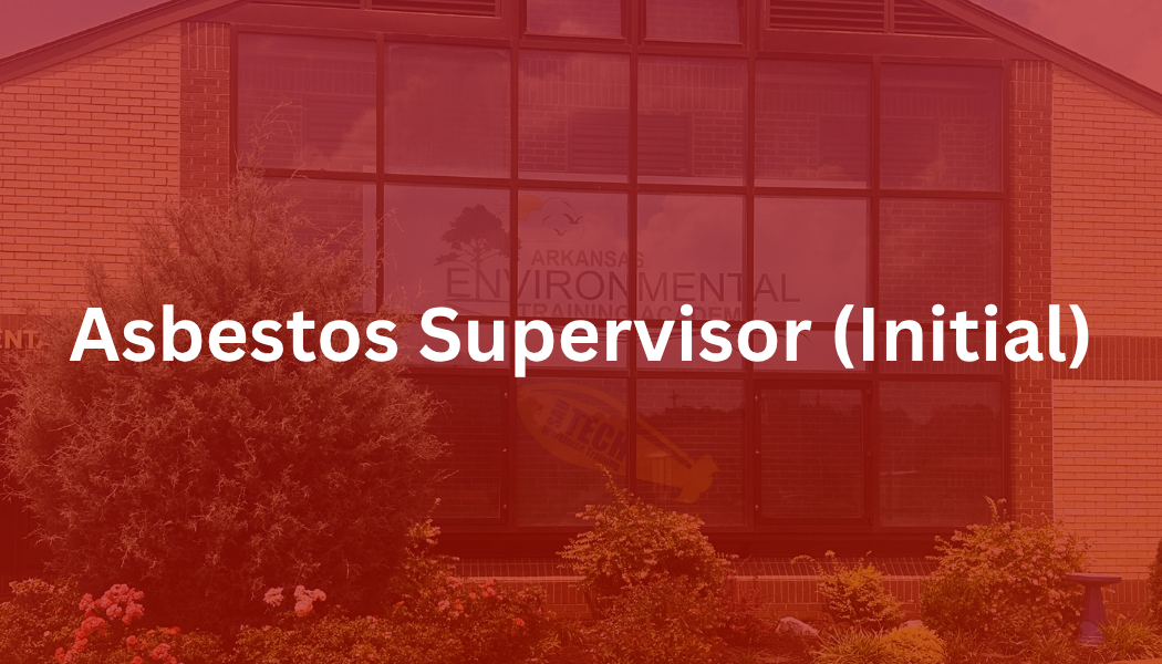 Red-tinted building facade with the word “Asbestos” centered over it