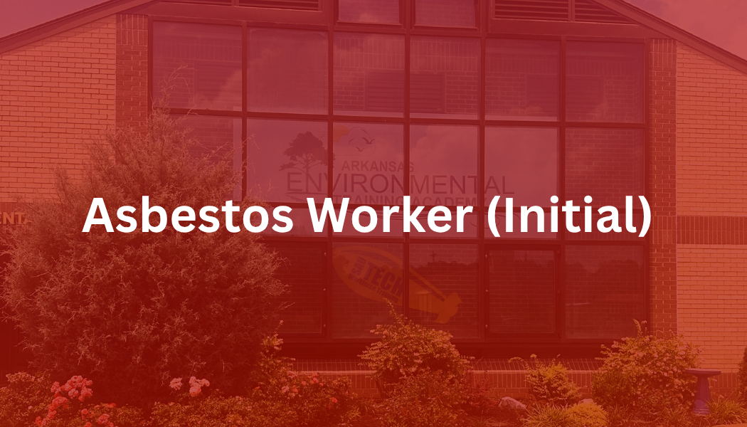 Red-tinted building facade with the word “Asbestos” centered over it